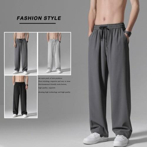 Summer Thin Casual Pants Mens Fashion Solid Color Loose Wide-leg Pants Men Drawstring Straight Ice Silk Pants Mens Trousers