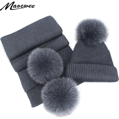New 2 Pieces Set Childrens Raccoon Fur Pom Poms Knit Beanie Hat Winter Scarf Cotton Warm Boy Girl Ski Baby Kids Thicken Bone