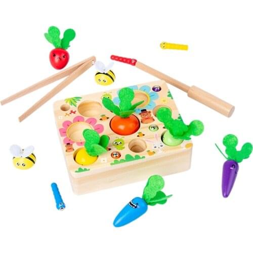 Childrens Toys Wooden Magnetic Games Fishing Toy Catch Worm Pulling Carrot Interactive Educational Fishing Toy for Kids