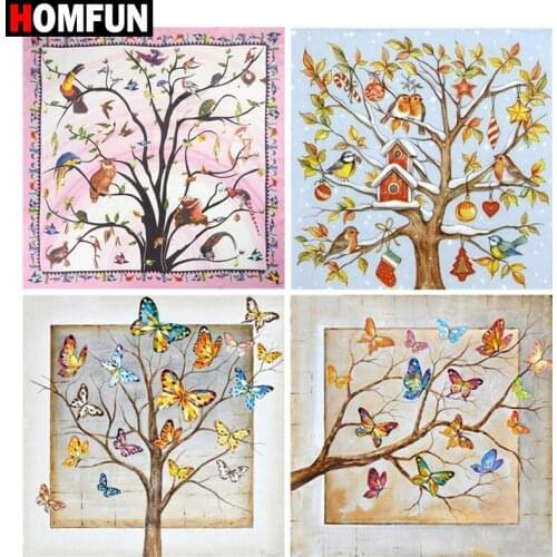 HOMFUN Square Round Drill 5D Diamond Painting Environmental Crafts Full Diamond Embroidery "Butterfly bird tree" Home decor