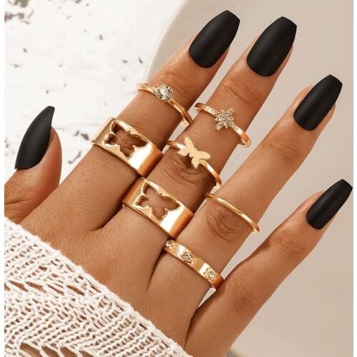 Docona 7pcs/set Fashion Butterfly Rings for Women Men Luxury Crystal Couples Ring Set Wedding Gold Jewelry Accessories 18780