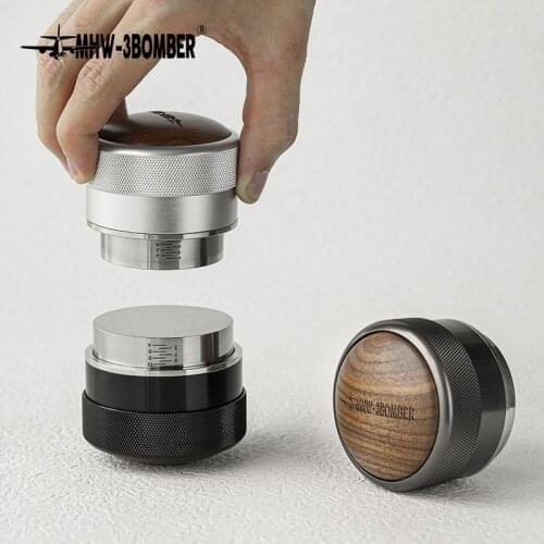 MHW-3BOMBER 58.35mm Adjustable Coffee Tamper Espresso Distributor Powder Hammer Barista Tools Stainless Steel Solid Wood Latte