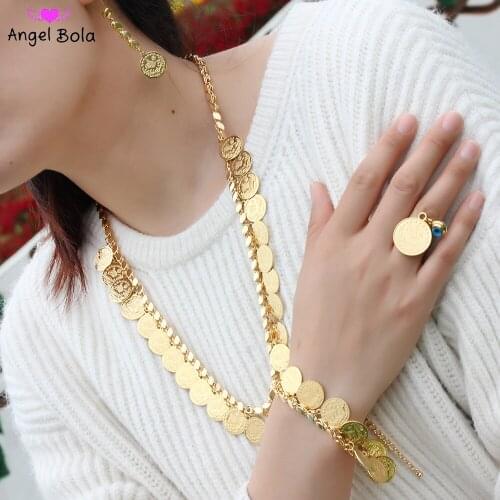 Muslim Fashion Women Luxury Set Necklace Bracelet Earrings Ring Coin Shaped Lady Glamour Set Wedding Jewelry Set High-end Gift