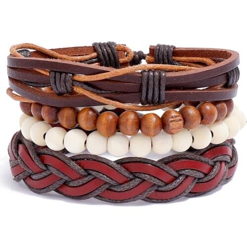 4 Pcs/set Handmade Weave Charm Wrap Leather Wood Beads Mens Bracelets Women Multi-layer Bangles Male Jewellery Pulseras Mujer