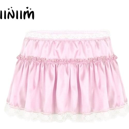 Mens Adults Sissy Skirts Smooth Satin Elastic High Waist Lace Hem Short Frilly Ruffled A-line Costume Cosplay Micro Mini Skirt