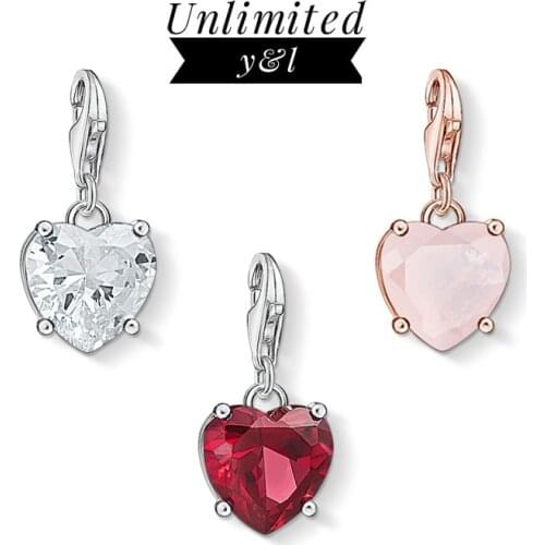 Love Heart Charms Pendant DIY Jewelry Making 925 Sterling Silver Red/Pink/White CZ Bracelet Necklace Accessories Women Men