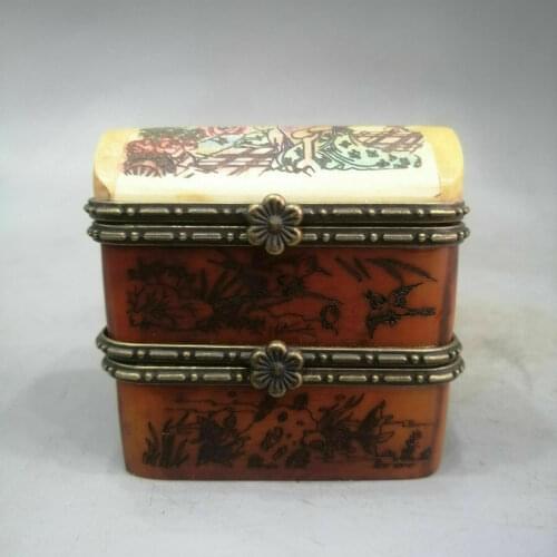 Rare Small Unique Vintage Antique Camel Bone Figure paintingTrinket Jewelry Box