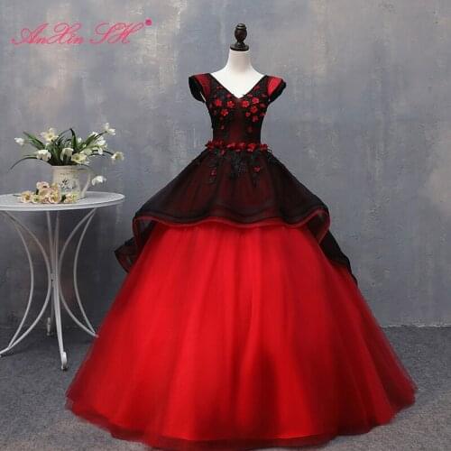 AnXin SH Vintage princess black and red lace v neck ruffles ball gown little flower lace up host stage evening dress