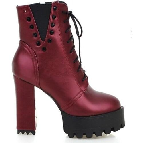 Euro Autumn Winter Block Super High Heel Punk Pu Leather Womens Ankle Boots Rivet Hip Hop Thick Platform Female Footwear Zapatos