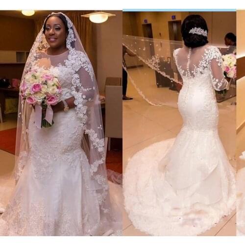 Plus Size Lace Wedding Dresses Sheer Neck Illusion Long Sleeve Mermaid Bridal Gowns African Women Wedding Dresses Custom Made