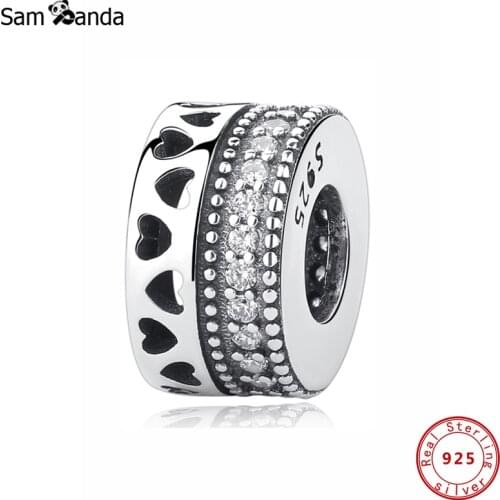 New Original 100% 925 Sterling Silver Charm Bead Hearts Spacer Charms Love Clear CZ Fit Bracelets Women Diy Jewelry