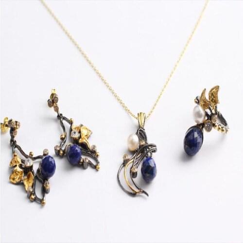 Woman Handmade Oval Pearl Blue Lapis Lazuli 925 Silver Jewelry Set, Lapis Lazuli ring,Lapis Lazuli Necklace