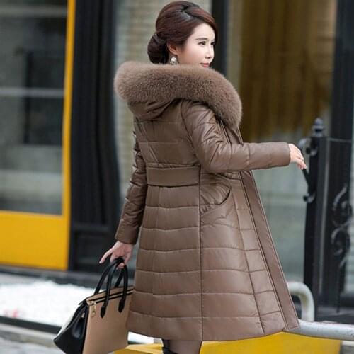 Women 2021 Leather Coat Down Cotton Jacket Female Plus Size Winter Parkas Thicken Warm Hooded Outerwear