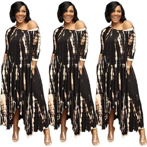 European and American womens new long skirt fork skirt wide-necked dye dress with pocket birthday dress for women 2021