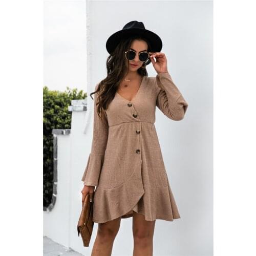 Women Robe Femme Autumn Solid Color A-Line Dresses Irregular Button Decor V-Neck Flare Long Sleeve Slim Dress For Woman Vestido