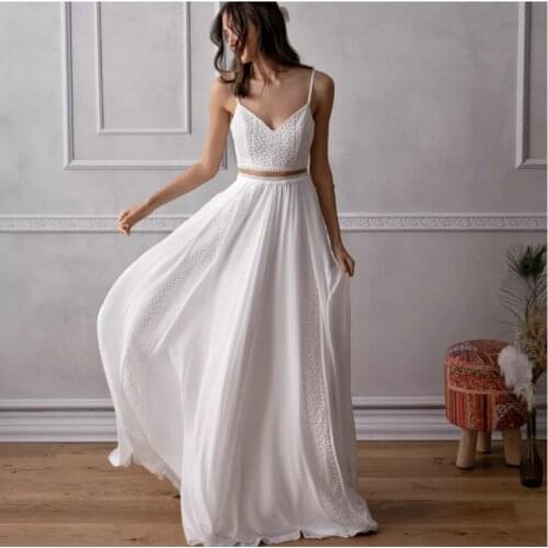 2021 New Designs 2 Pieces A-Line Simple Boho Wedding Dresses Spaghetti Straps Backless Sleeveless Elegant Popualr Bridal Gowns