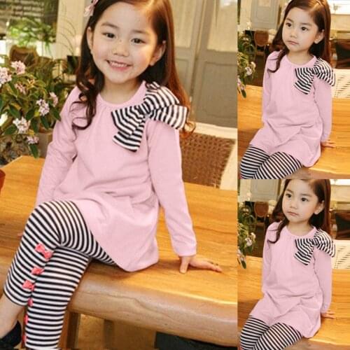 Winter Bow Striped Children Suit Toddler Girl Kids Clothes Long Sleeve Bow T-shirt+stripe Pants Outfits Set Ropa Invierno Niña