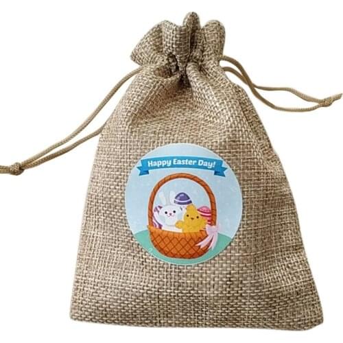 10 Pcs Easter Burlap Goody Bags Egg Bunny Chick Sticker Treat Drawstring Linen Bags for Easter Party Favor Supply