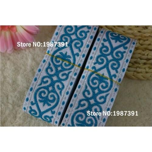 10yards/lots Woven Jacquard Ribbon 5cm white background blue Geometric pattern LS-4434