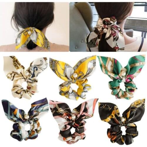 12 Color 50pcs/lot Korean Floral Soft Bows With Pearl Hair Bands Women Scrunchies Hair Ties Rope Bands Bunny Ears Girls Headwear