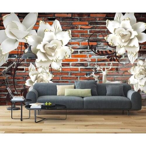 Custom 3D mural wallpaper three-dimensional flower embossed red brick wall decorative painting