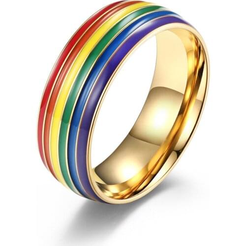 Free Shipping 2021 New Rainbow Flag Stainless Steel Finger Rings For Unix Man Gay Golden Colorful Ring Gift To Husband Boyfriend