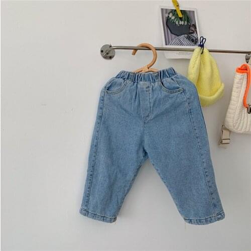 Childrens Causal Jeans 2020 Winter New Baby Girls Boys Plus Velvet Pants Kroean Solid Loose Warm Denim Trouser for Toddler Kids