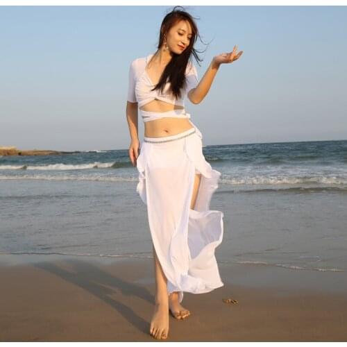 Women Belly Dance Costume 2 Piece Set V-Neck Slim Bandage Crop Top + High Split Skirt Oriental Dance Sexy Performance Costumes