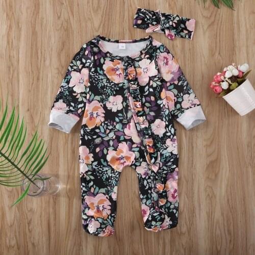Infant Newborn Baby Girl Lotus Romper Printed Footies Long Sleeve One-Piece Feet Covered Jumpsuit Headband Toddler Bodysuits