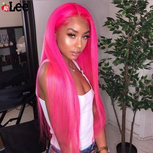 Hot Pink Human Hair Wig Straight Lace Front Human Hair Wigs For Black Women Pre Plucked Peruvian Remy Transparent Lace Wigs