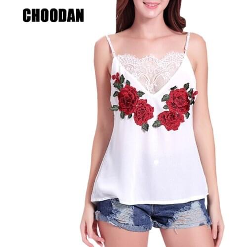 3D Flower Embroidery Tank Top Women Chiffon Lace Patchwork Camisole Tank 2018 Summer Sexy V-neck Sleeveless Tops Spaghetti Vest