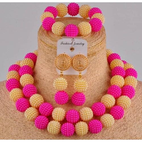 Fashionable fuchsia pink and champagne gold african beads jewelry set simulated pearl