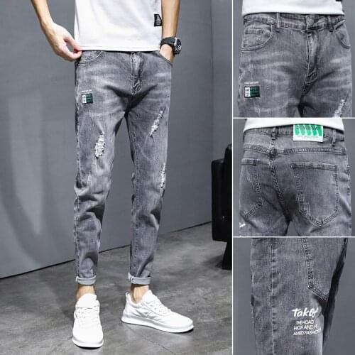 ICCLEK Jeans Mens Spring and Autumn New Self-cultivation Feet Pants Casual Pants Summer Thin Section Ripped Pants