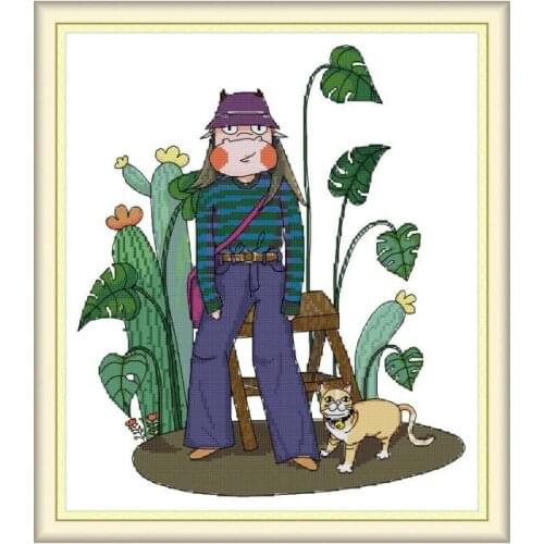 Joy Sunday Girl and Cat Counted Cross Stitch Kit Embroidery Stamped 11CT 14CT Needlework Printed Fabric Decoration DIY Gift Sets