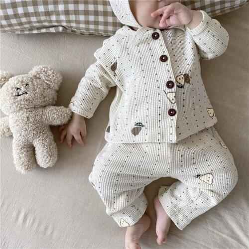 2021 New Fashion Pear Print Baby Clothes Set For Girl Loose Waffle Cardigan + Pants 2pcs Infant Clothing Suit Baby Boy Outfits