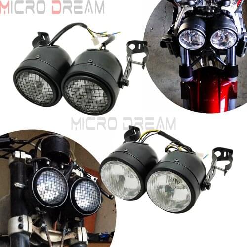 For Harley Cafe Racer 12V 35W H4 Front Twin Headlight Lamp 3.5" Mesh Grill Dual Twin Dominator Headlamp Light W/ Mount Bracket
