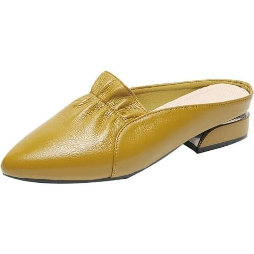 Grain Leather Fluffy Muller Lazy Sandals Shoes Fashion Square Toe Women Slippers Size 35-43