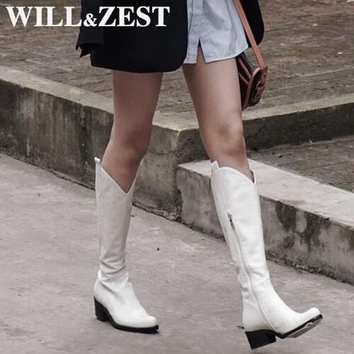 WILL&ZEST Knee High Boots Leather Winter Black Western Gothic High Heels Motorcycle Long Boot Fur Punk Shoes 2021 Fashion Women