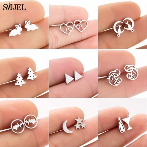 SMJEL Tiny Plant Earings Stainless Steel Life Tree Leaf Stud Earrings for Women Fashion Flower Jewelry Black Pendients bijoux