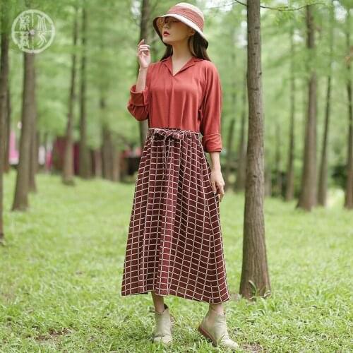 Age reduced wear 2021 new Lapel literary Plaid womens wear contrast stitching cotton linen Long Sleeve Dress