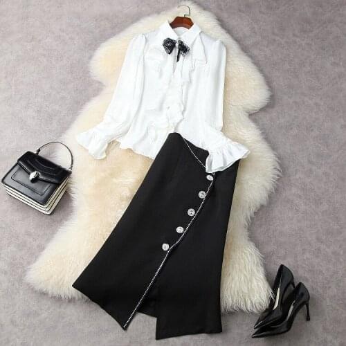 European and American womens wear for spring 2021 Long - sleeved flouncy bow shirt button-down skirt Fashion suits