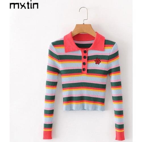 Vintage Stylish Stripe Pullover Knitted Sweater Women 2020 Fashion Lapel Collar Spring and Autumn Hit Sale Outwear Casual Tops