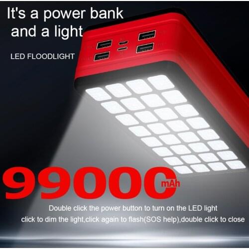 PowerBank Solar Portable Charger 99000mAh Large Capacity Mobile Phone Charger LED Light 4USB Port External Power Bank for Xiaomi