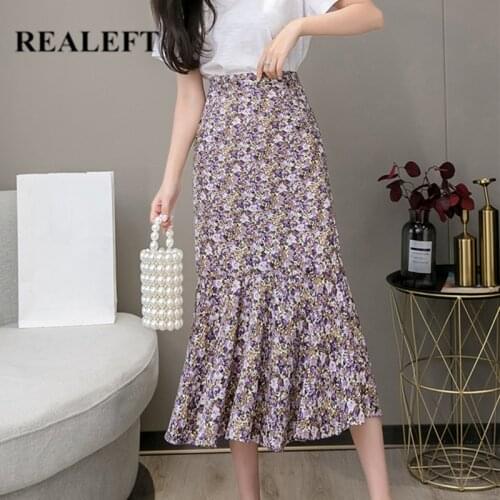 REALEFT 2021 New Autumn Vintage Floral Skirts for Women Elegant High Waist Ruffles Casual Holiday Midi A-line Skirts Female