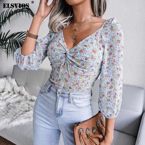 Sexy V-Neck Chiffon Shirt Autumn Womens Fashion Floral Printing Long Sleeve Pullover Top Office Lady Casual Elegant Slim Blouse