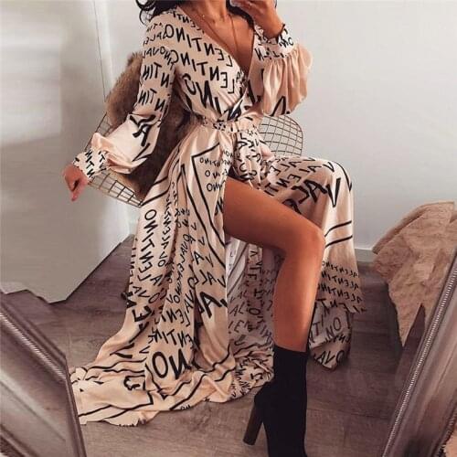 Fashion Street Women Printed Maxi Long Dress Lady Long Sleeve V Neck Asymmetric Sundress With Sash Holiday Party Clothes Fall