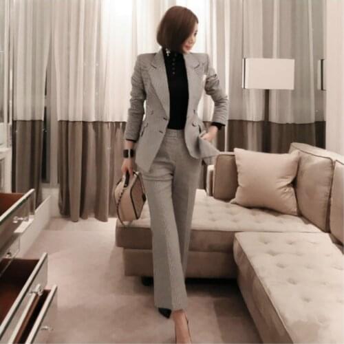 2 Piece Set Women Gray Long Sleeve Turn-down Collar Office Club Irregular Plaid Top and Full Length Autumn Pants Two Piece SET