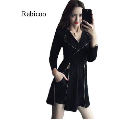 New Korean Ladies Black 2 Piece Set Autumn Womens Sexy Zipper Split Long Sleeve Dress + Elastic Waist Shorts Two Piece Set Suits