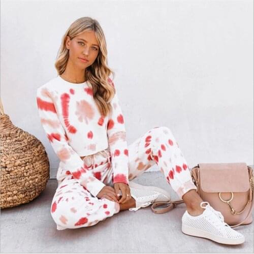 Women´s Tie Dye Suit Crew Neck Navel Top Long Sleeve Printed Blouse and Lace Up Elastic Waist Pants