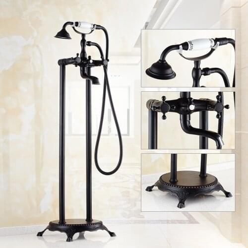 Antique Copper Black Oil Brushed Floor Type Faucet Shower Set European Double Handle Bath Edge Vertical Tap Bathroom Products R6